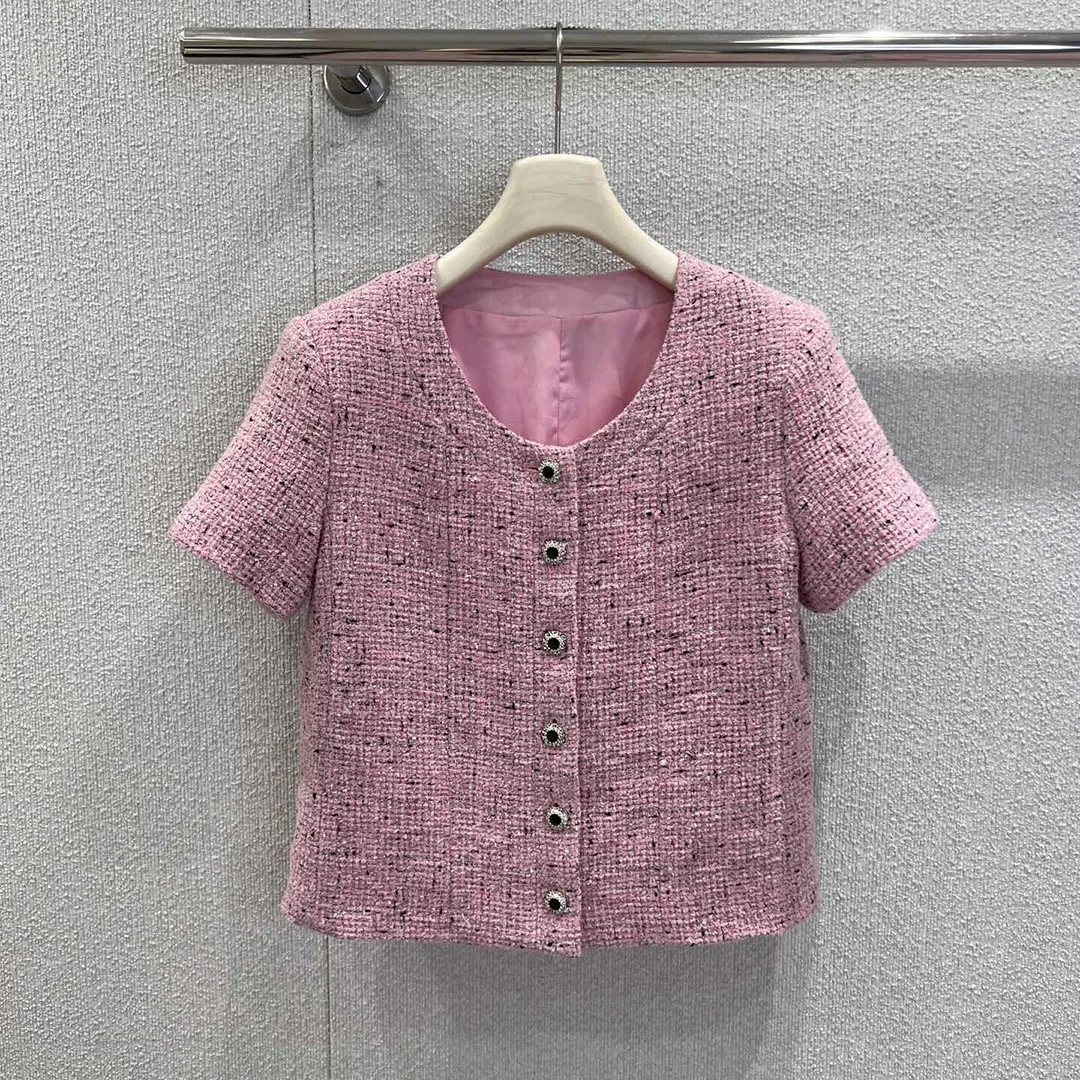 Luxury Vintage Pink Wool Blends Woven Tweed Coat Women O-neck Short Sleeve Single Breasted New Spring Sweet Short Jacket