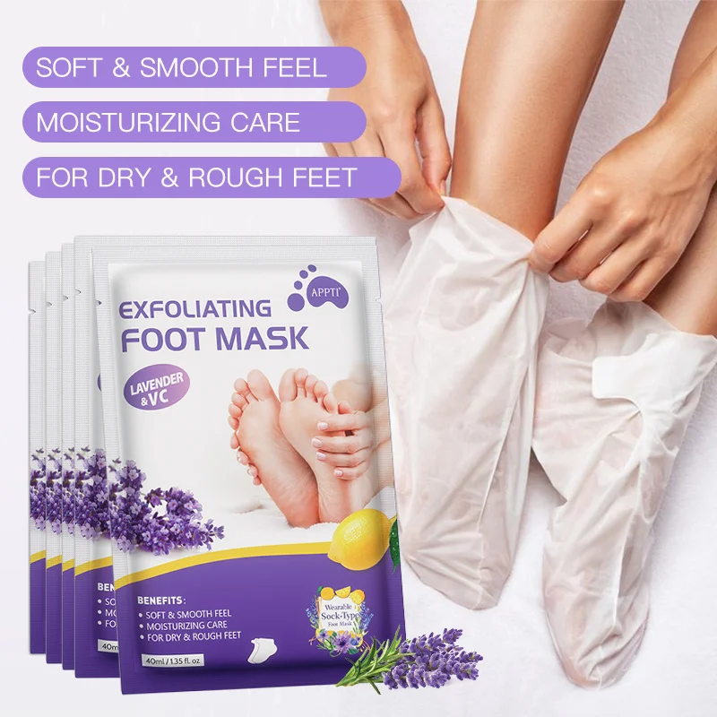 Soothing lavender exfoliating foot mask deeply moisturizes and nourishes rough, dry feet, with lactic acid, urea, and malic acid