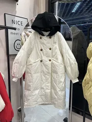 Jaqueta de pato branco para mulheres, casaco comprido, com capuz, grosso, quente, solto, parkas de penas, feminino, coreano, inverno, 90%