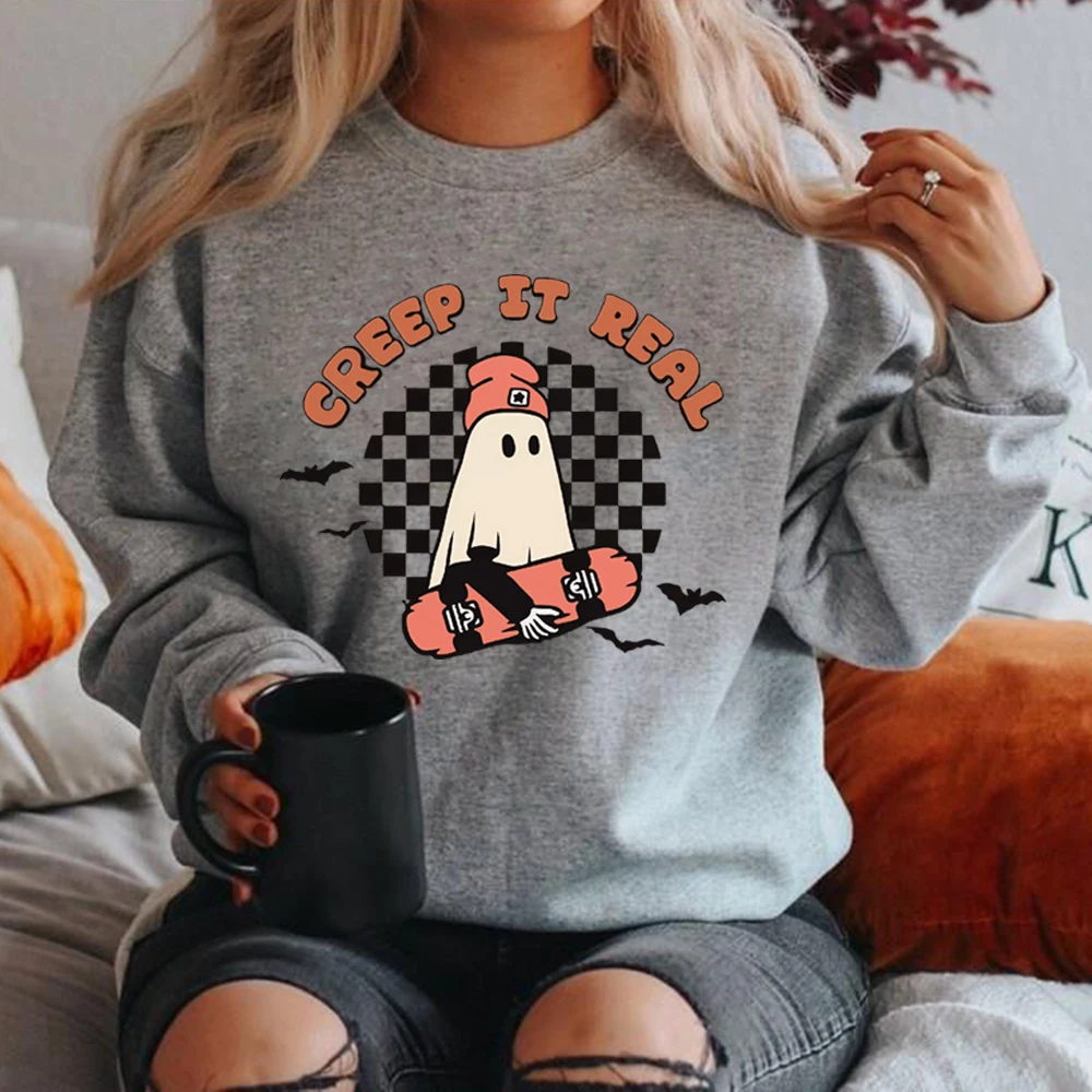 Creep It Real Sweatshirt Retro Halloween Hoodie Retro Ghost Sweatshirt Women's Graphic Hoodies Long Sleeve Spooky Season Tops