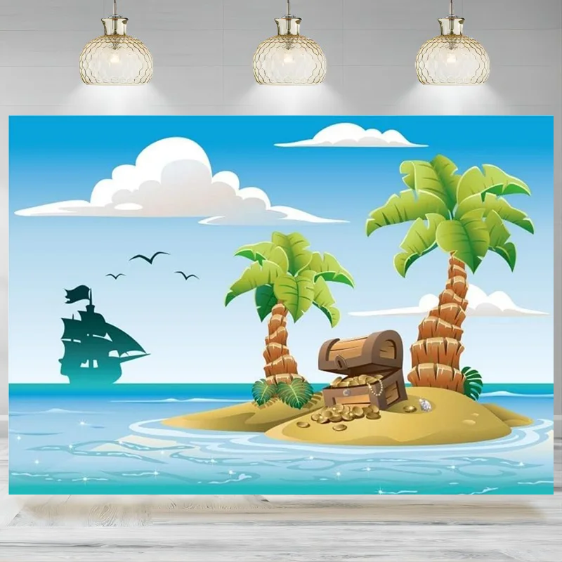 

Tropical Cartoon Sea Island Backdrop Photography Treasure Chest Sailboat Pirate Ship Nautical Background Birthday Photo Banner