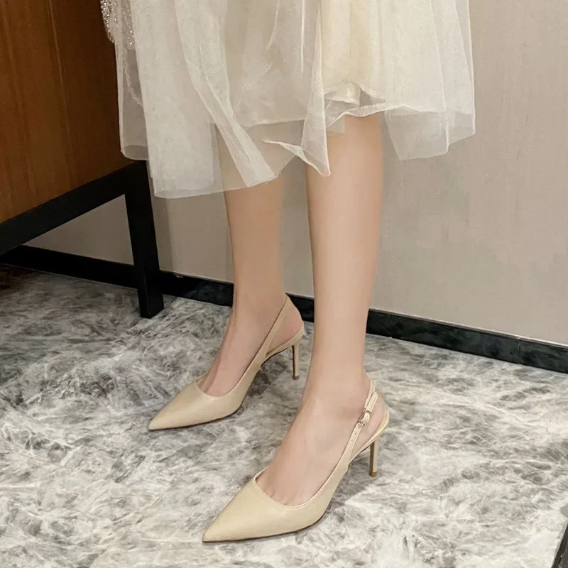 8cm Shoes Luxury Women Sandals Pointed Toe Thin High Heels Ankle Wrap White Wedding Bride Women Shoes 40 41