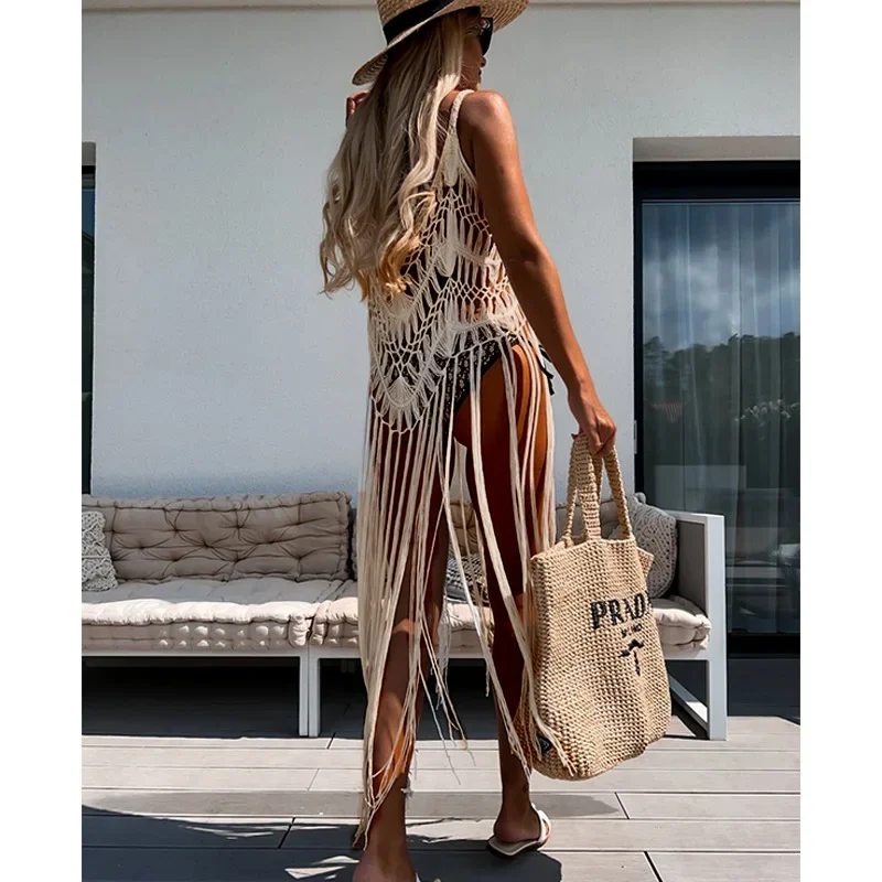 2025 Crochet Tunic Bikini Cover-ups Sexy Hollow Out Dress Women Summer Clothes Beach Wear Swim Suit See Through Tassel Cover Up