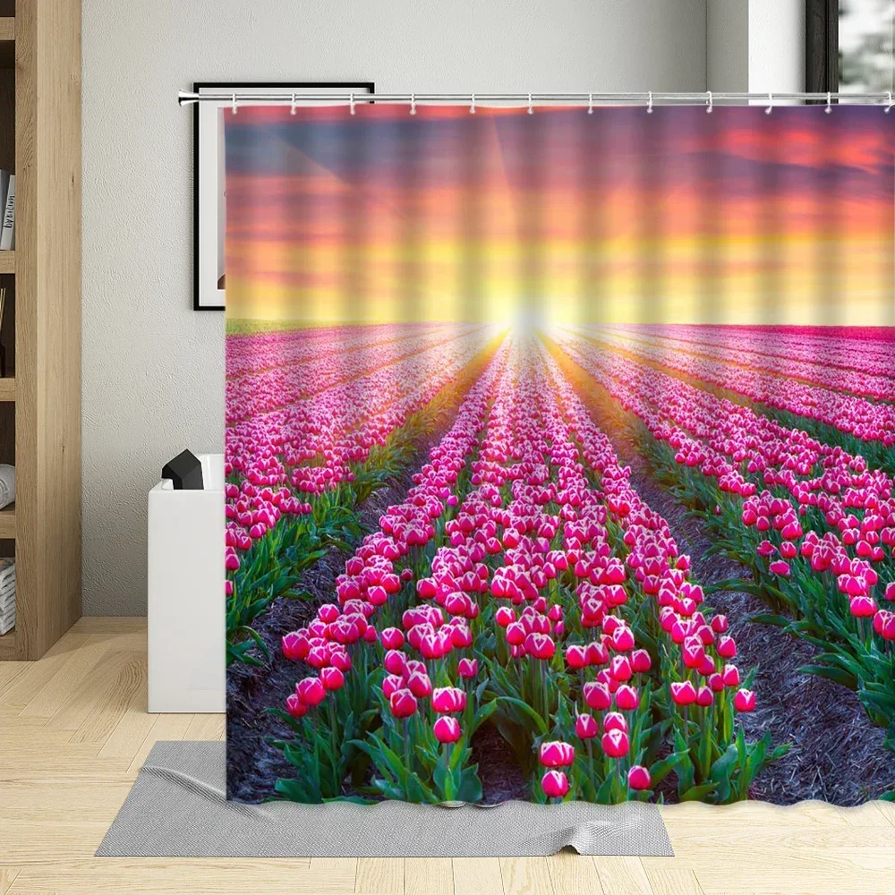 Tulip Landscape Flowers 3D Printing Waterproof Bathroom Shower Curtain Polyester Cloth With 12 Hooks Bathtub Curtains Home Decor image 6