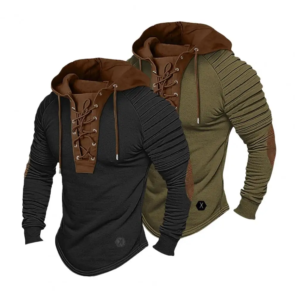 

Men Retro Hoodie Vintage Lace-up Drawstring Men's Hoodie with Pleated Shoulders Soft Stretchy Breathable Daily Top Breathable