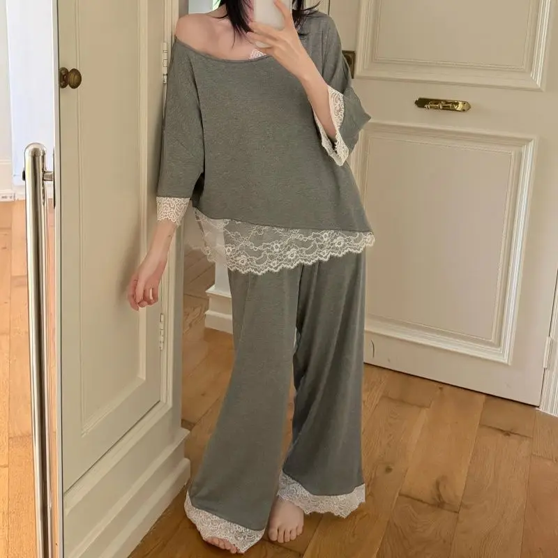 Pajama Women's Short-sleeved Pullover Suit, Sweet and Casual Solid Color Lace Trousers, Can Be Worn Outside Loose Home Clothes