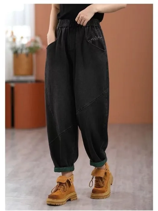 Washed Harajuku Style plus Size Denim Jeans Loose Elastic Waist Tummy Concealing Color Block Cuffed Long Pants for Women