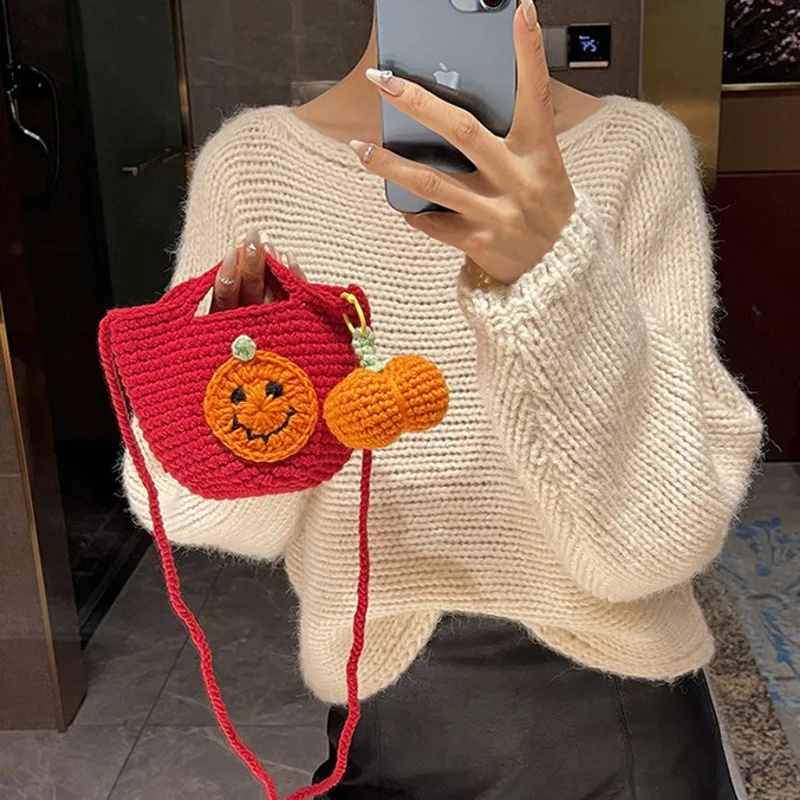 Handmade Wool Knitted Bag Crochet Shoulder Bag Cartoon Cute Crossbody Mini Bucket Bag