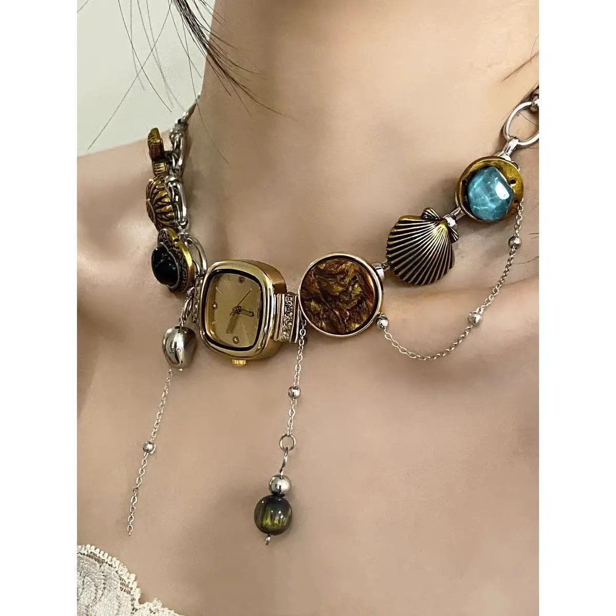 After Sunset Original Chinese Punk Heavy Industry Watch Button Choker Necklace