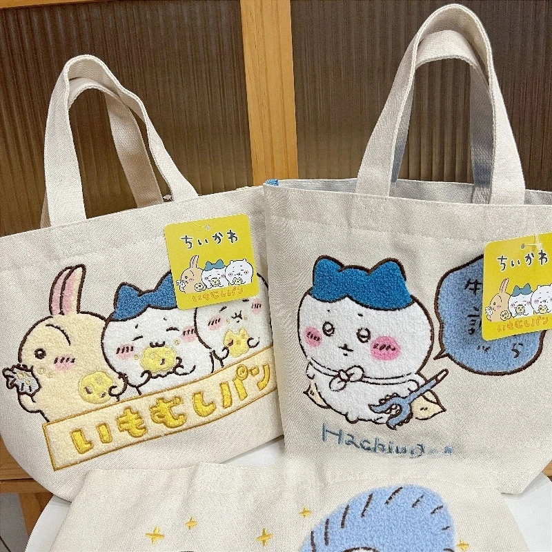 

Chiikawa Handbag Hachiware Embroidered Cartoon Canvas Bag Cute Usagi Tote Bags Women Portable Commuter Bucket Shape Lunch Bag