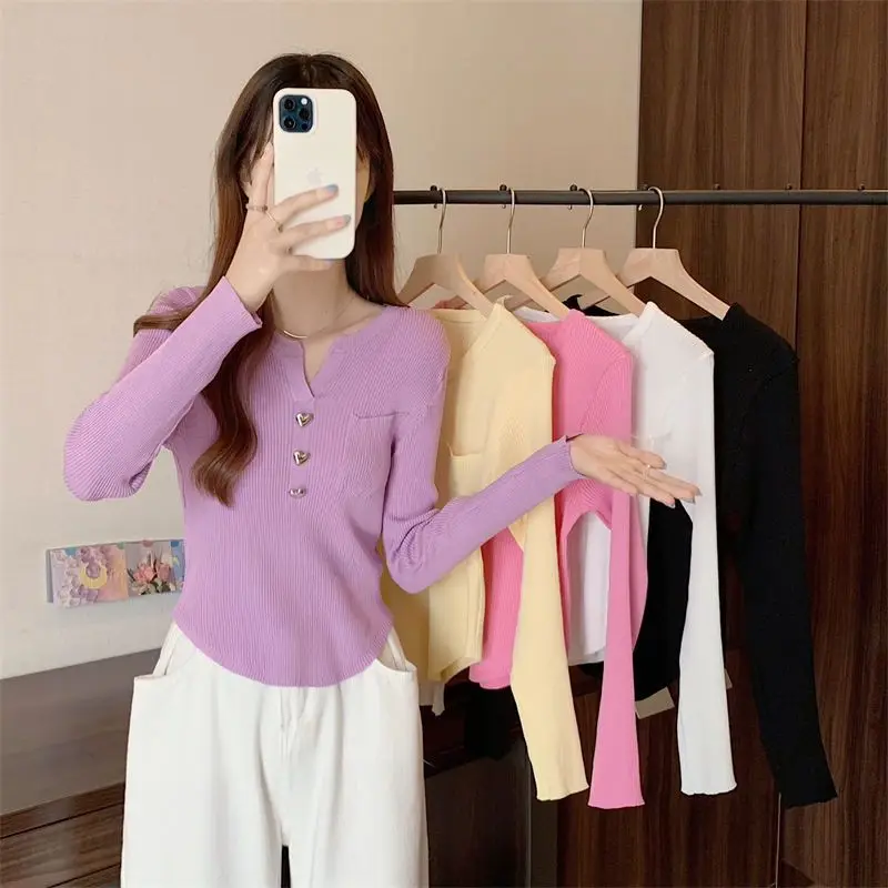 

Осень 2024, новая корейская версия, универсальный однотонный дизайн с v-образным вырезом, уникальный вязаный женский топ для похудения с длинными рукавами