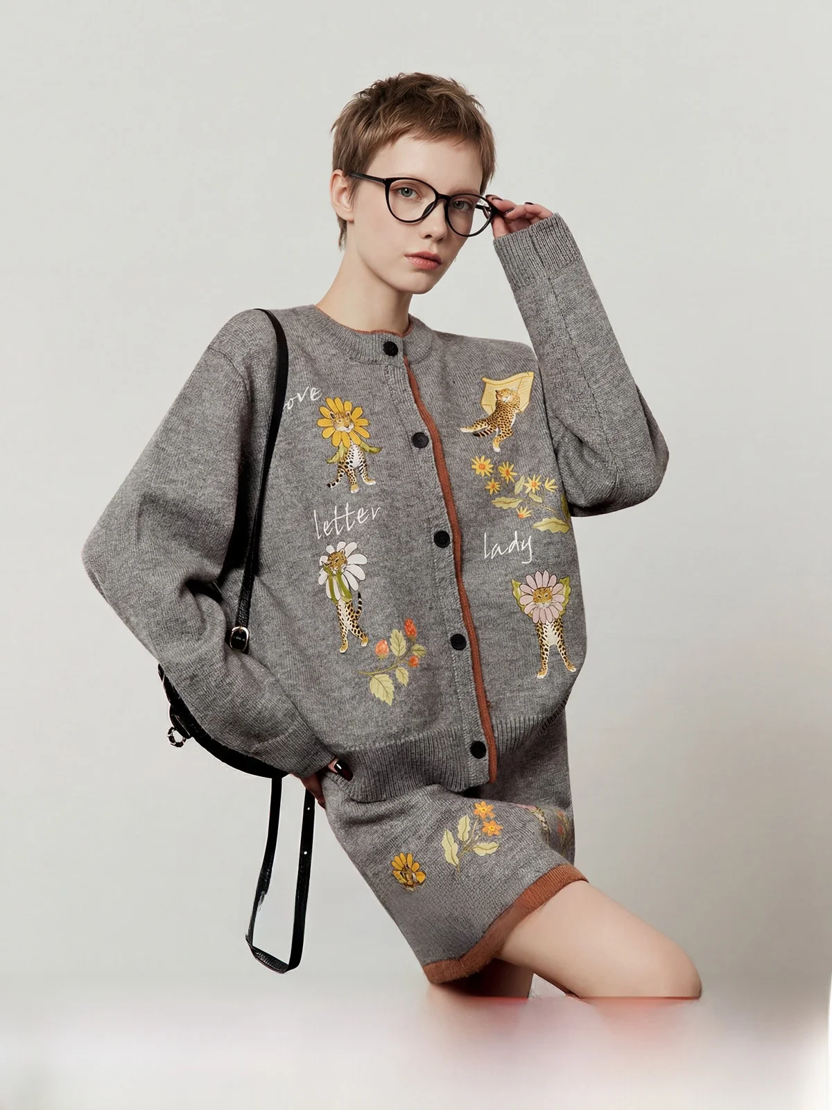 

Women's Knitted Sweater Jaet Loose Fit Spring New Sle ey Set Slimming Effect Floral Pattern Long Sve Faion Set