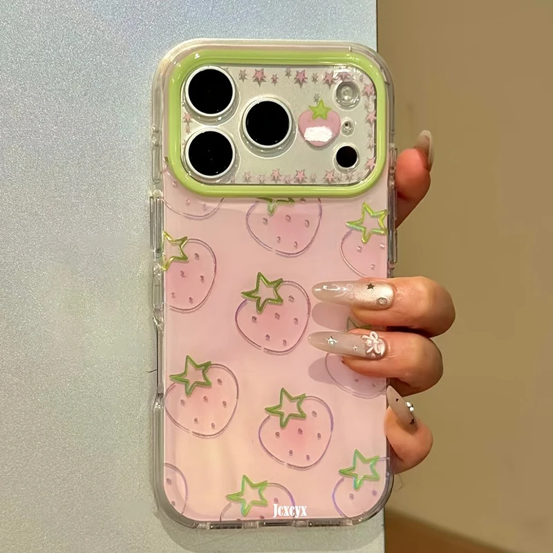 Niedliche Erdbeer-Stern-Muster Silikon-Handyhülle für iPhone 11 12 13 14 15 16 17 Pro Max Stoßfeste TPU-Schutzhülle