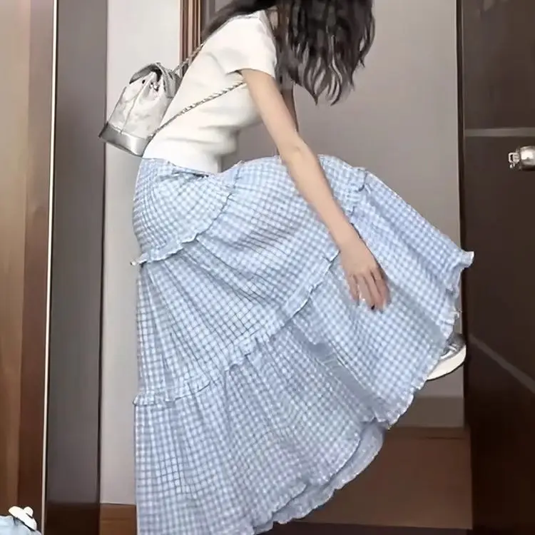 Blue and White Plaid Cake Skirt Women Spring Summer Mid-length High Waist Slimming Big Flared Umbrella