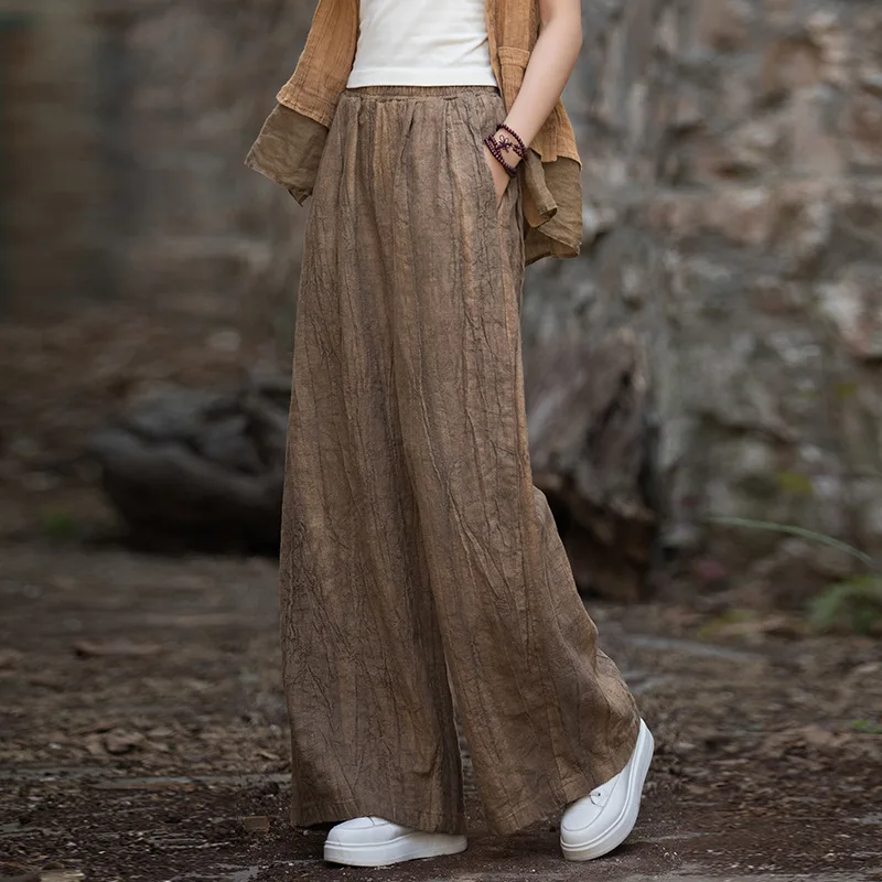 

Cotton and linen women's clothing literary and retro ramie tie-dye sand wash casual big foot mouth versatile wide-leg pants fash