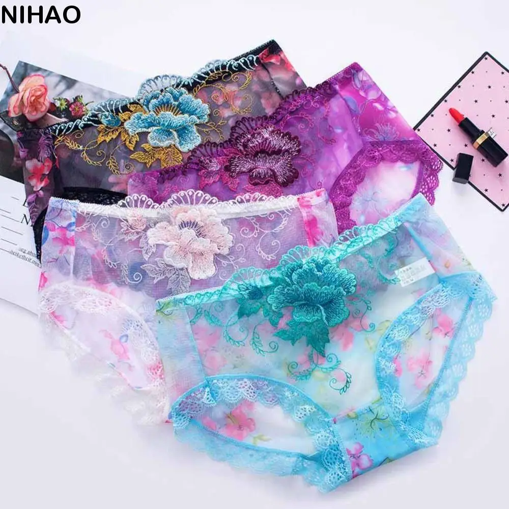 

4Pcs Lingerie Mesh Lace Flower Underpants Plus Size Transparent Lace Seamless Briefs Panties Mid Waist Underwear for Women Girl