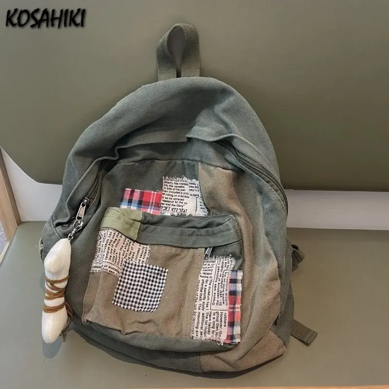 Patchwork Vintage Y2k Aesthetic Canvas Bags Grunge Simple Japanese Students Backpacks Women All Match Trendy Pendant Schoolbags