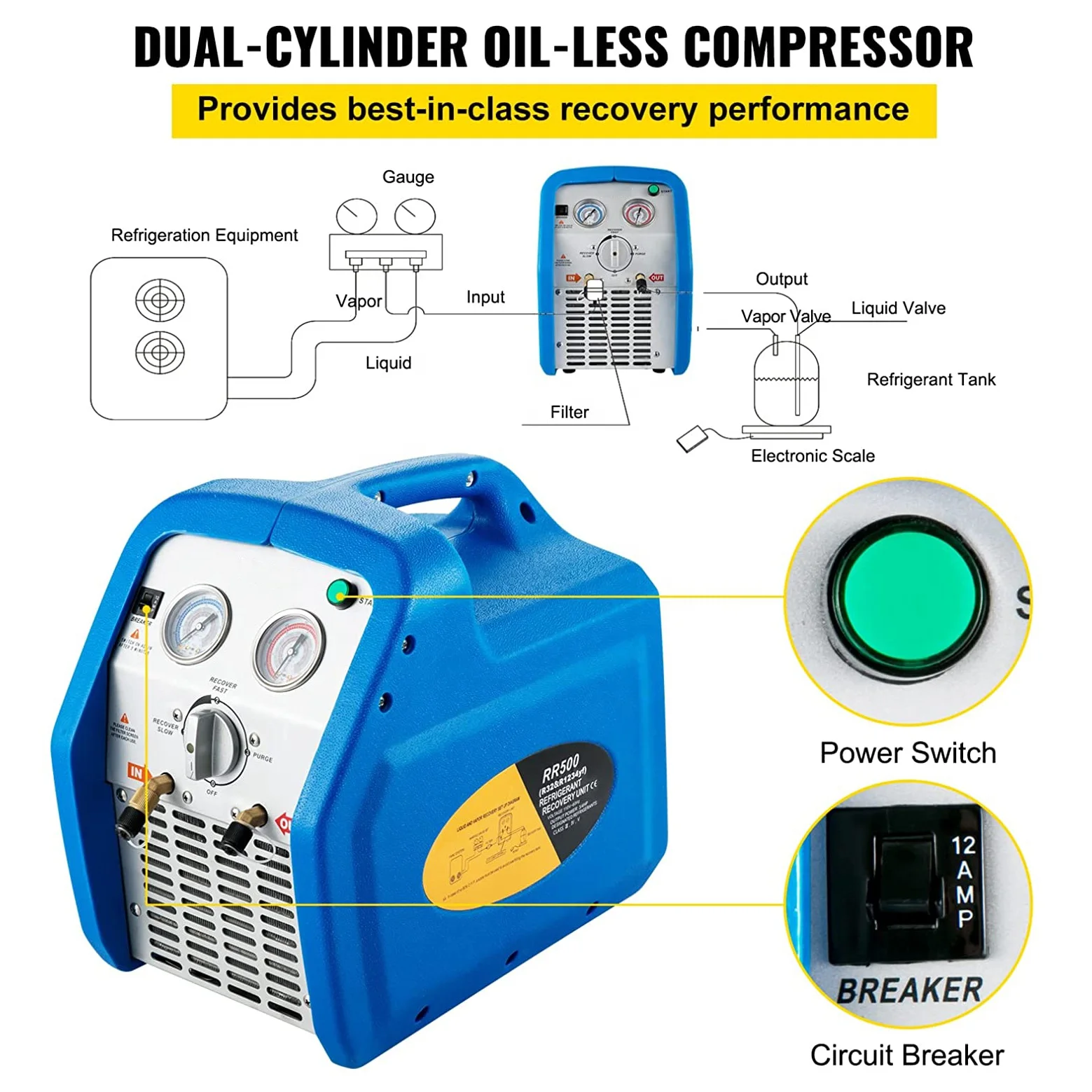 Factory Price Portable 1HP    Refrigerant Recovery Machine for Other Refrigeration R410A R22 R134A R32 with Oil Separator
