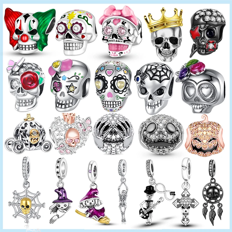 925 Sterling Silver Halloween Style Skull Colorful Pumpkin Charm Castle Bead For Pandar Original Bracelet Pendant Jewelry Gift