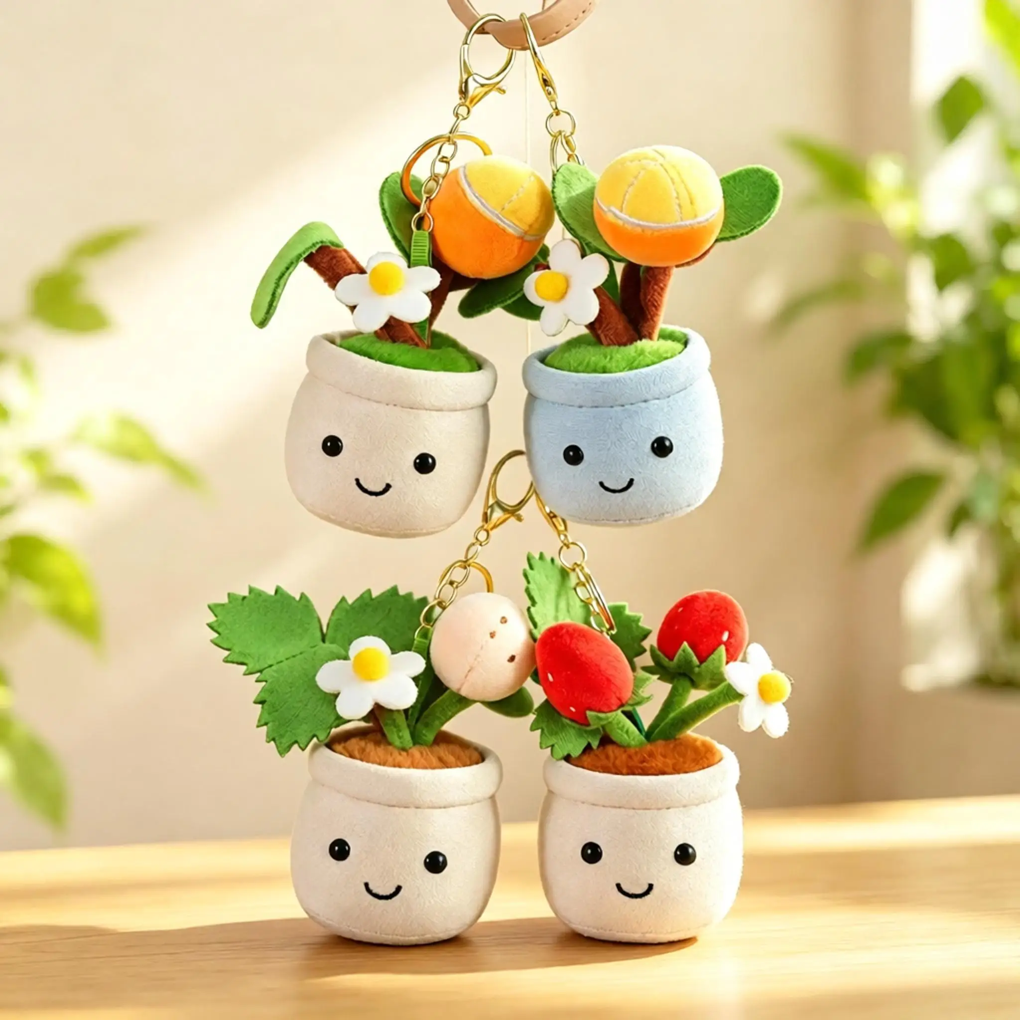 Cute Strawberry Potted Plant Plush Pendant Stuffed Doll Backpack Hanging Ornament Living Room Desktop Decor Sweet Birthday Gifts