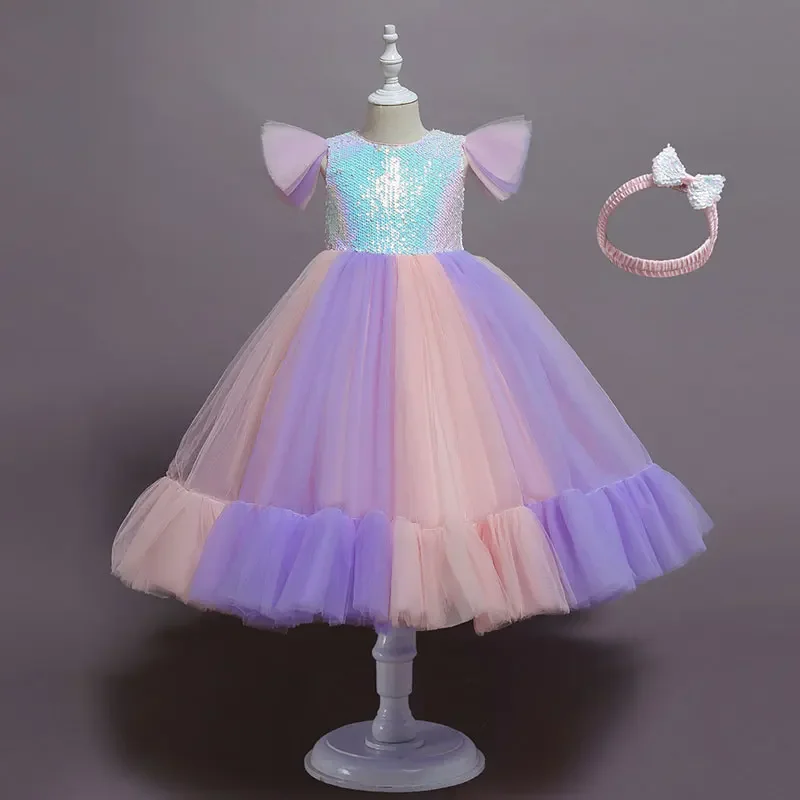 137  Fashion Girls Sequin Dress  Lace Sleeveless Girls Dresses for Party and Wedding Summer Princess Dress for Girls 2-10Y