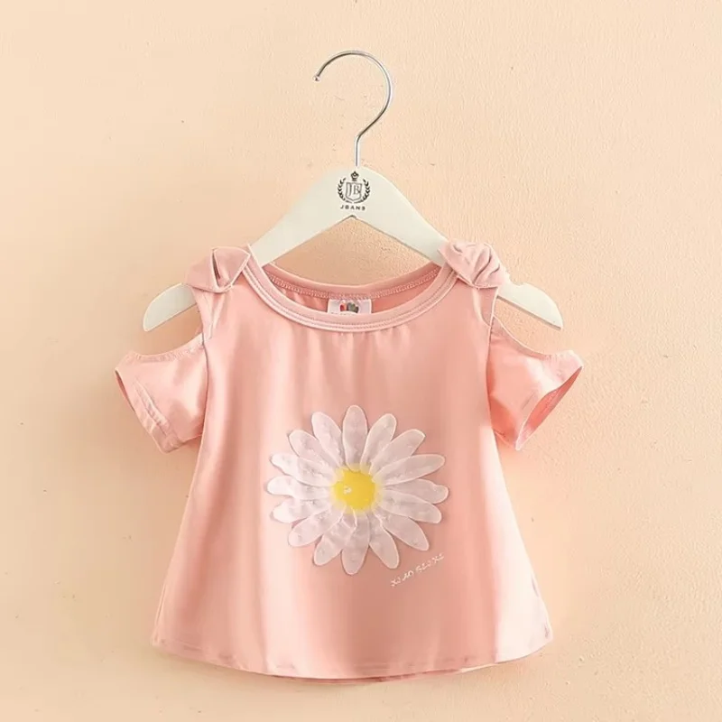 2025 Summer New Design 2 3 4 5 6 8 10 Years Cotton Short Sleeve O-Neck Strapless Off-Shoulder Floral Cute Kids Baby Girl T-Shirt