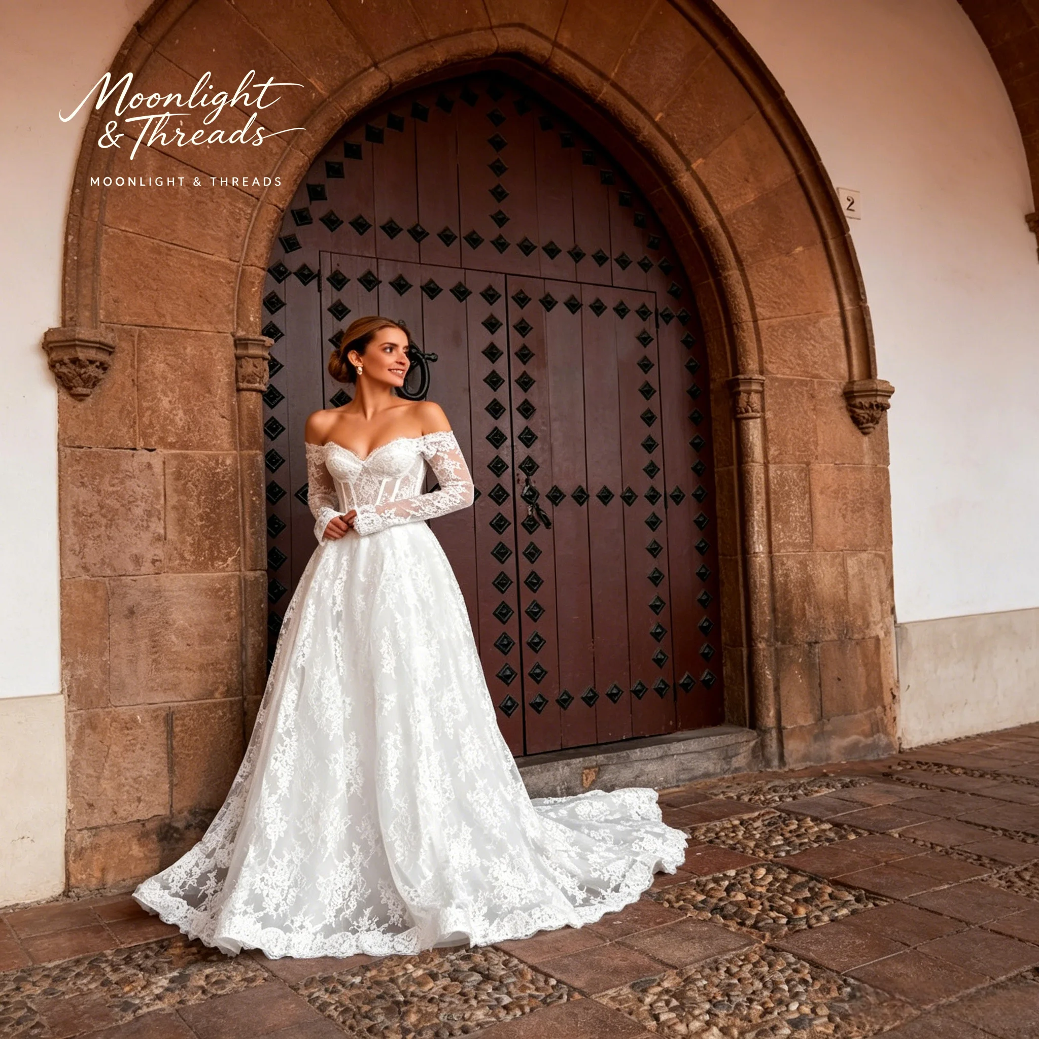 Exquisite White Lace Strapless Wedding Dress Long Sleeves Cutout Backless Design Intricate Embroidery