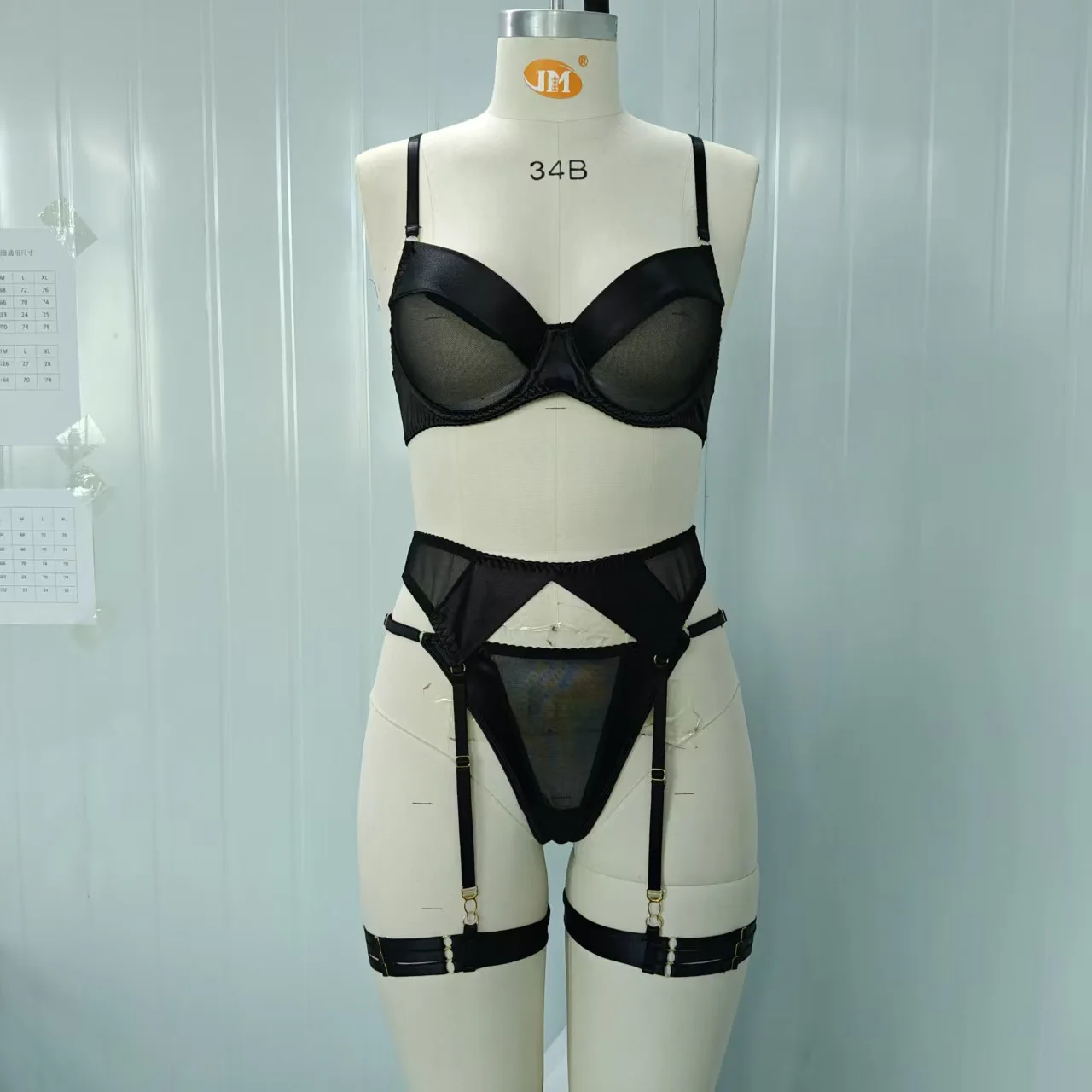 Brskbzda Conjunto de lencería elegante para mujer, sujetador de satén liso con parches, cinturón y ligueros, conjunto de moda íntima sensual y atractivo para mujer
