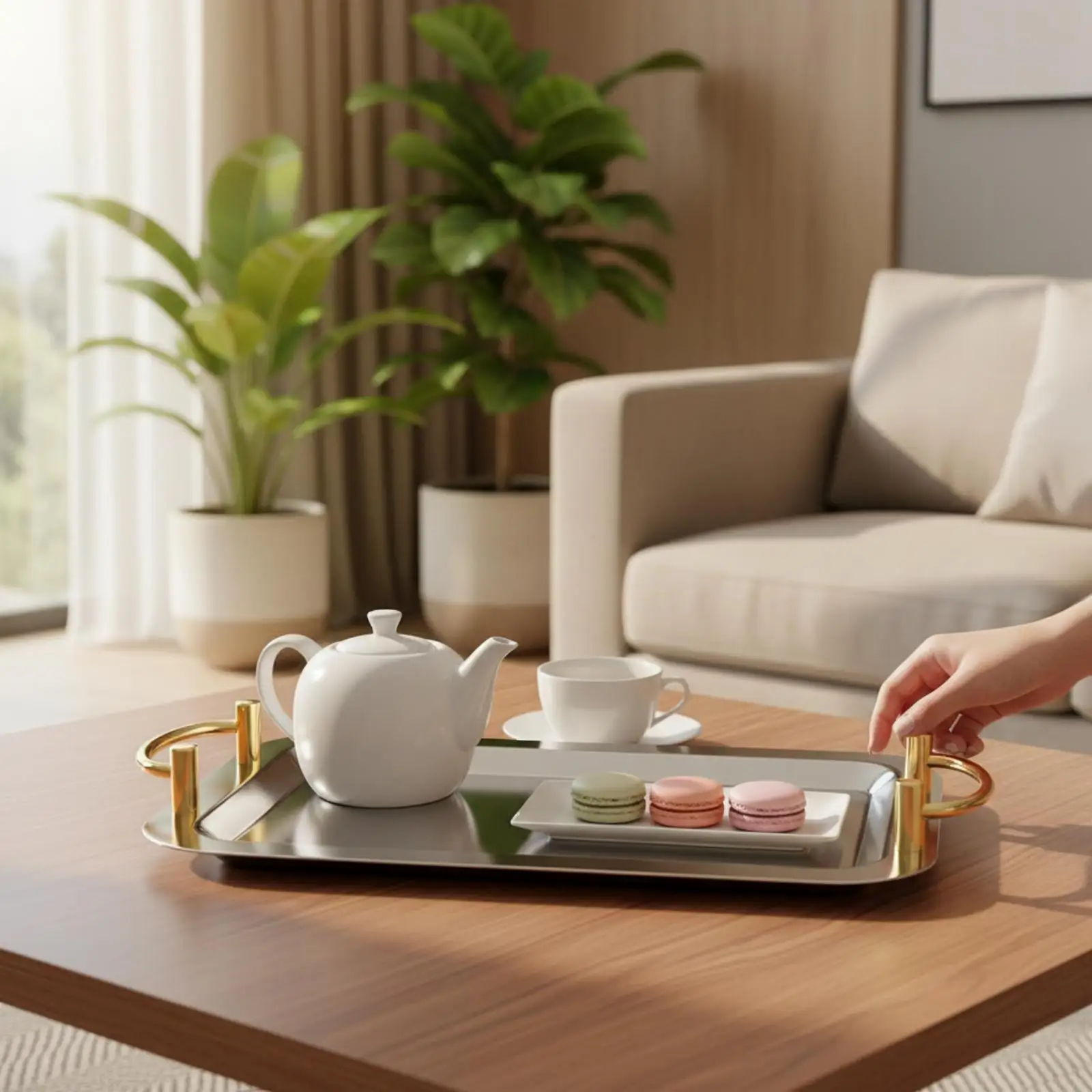 Stainless Steel Serving Tray Rectangular Mirror Polish Raised Edge Design with Comfort Grip Handles for Home and Hotel