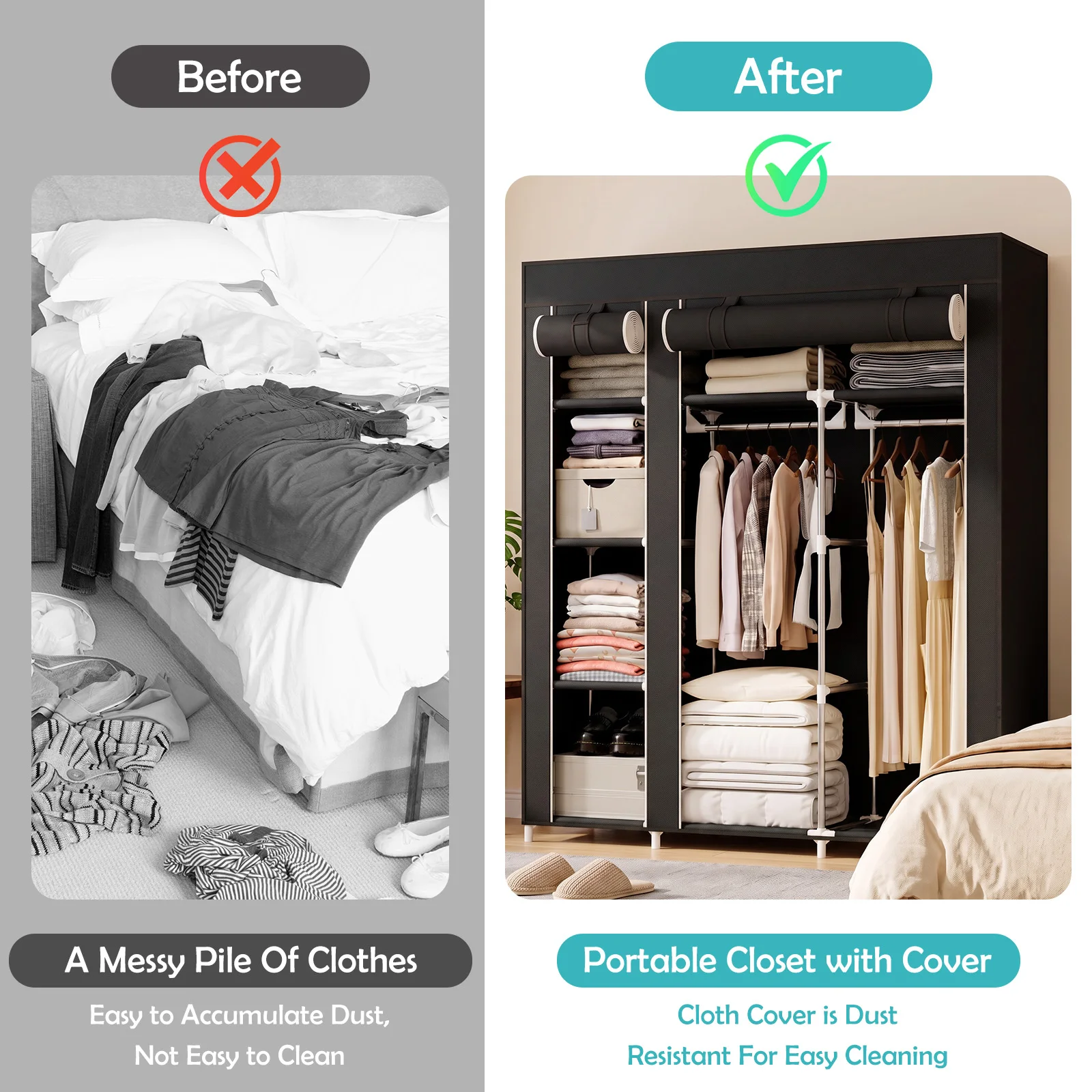 Portable Wardrobe Closet Organizer Storage Non-Woven Large Capacity with 2 Hanging Rods & 8 Storage Shelves, Waterproof & Dustproof Tool-Free Assembly for Bedroom Dorm Apartment Walk-in Closet