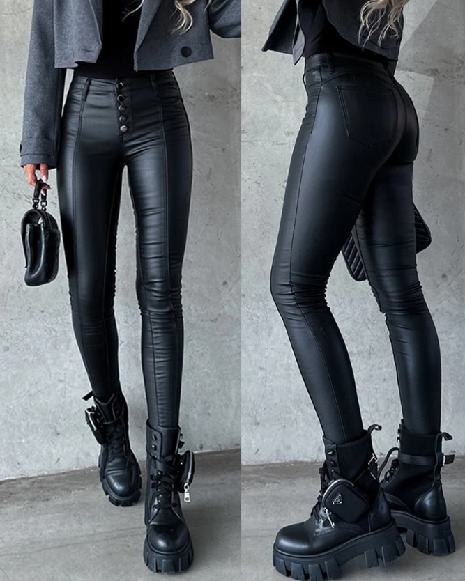 

2023 Temperament Commuting Basic Versatility Casual Button Design Daily Non Stretch High Waist Pu Leather Skinny Pants for Women