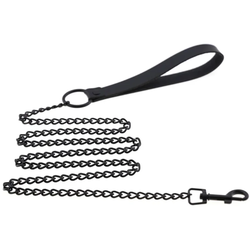 Leather Handle Chain Dog Durable Metal Chew Proof Dog Training Leash 115cm Heavy Duty Anti-bite Dog Giant Chain Leash with