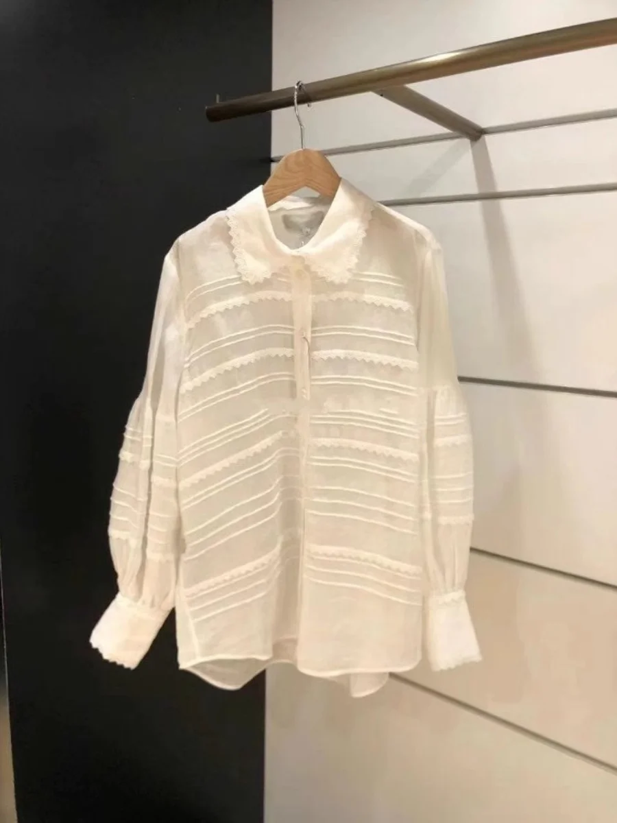 

Ele White Lace Trim Long Sve irt for Women Sweet Sle Straight Cut Bubble Sve Thiened Collar Regular Length