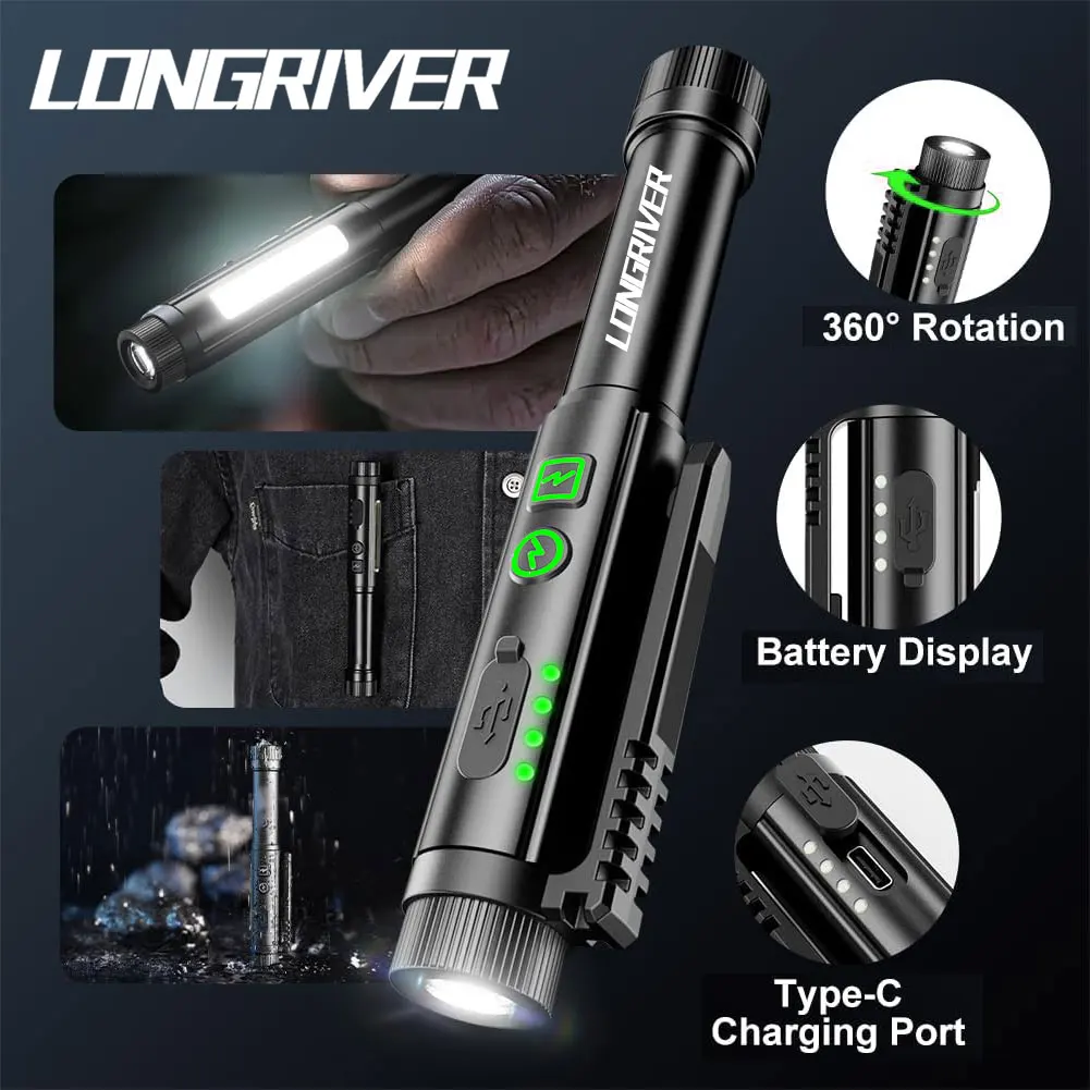 

LONGRIVER M45 AA Flashlight Portable Pen Light Pocket Dual Light Sources 8 Modes Torch with Magnet for Camping Outdoor Emergency