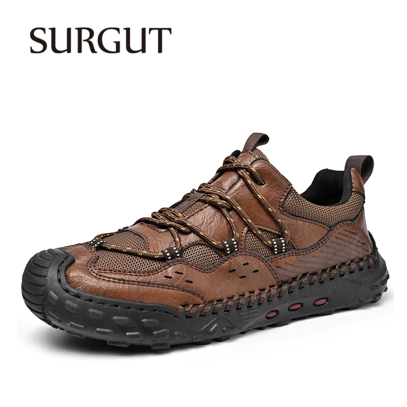 SURGUT Autumn Men Casual Shoes Cracked Cowhide Leather Wear-Resistant Versatile Vintage Plus Size 38-46