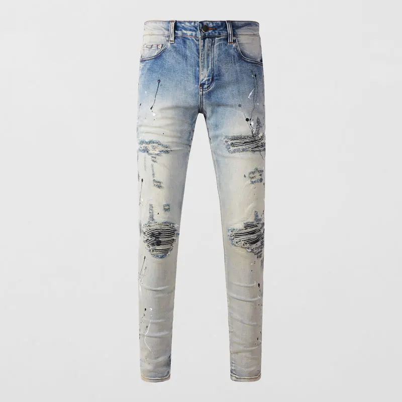 Designer Fashion New Men's Jeans Washed Nostalgic Perforated Patch Stretch Slimming Light Blue Jeans Hip Hop Brand Pants Hombre