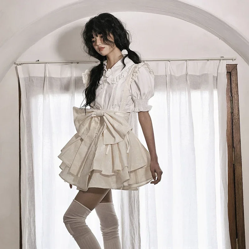 

Summer New Big Bow Patchwork Strap Skirt Women Japanese Y2k High Waist A Line Skirt Korean Fashion Elegant Sweet Cake Skirt