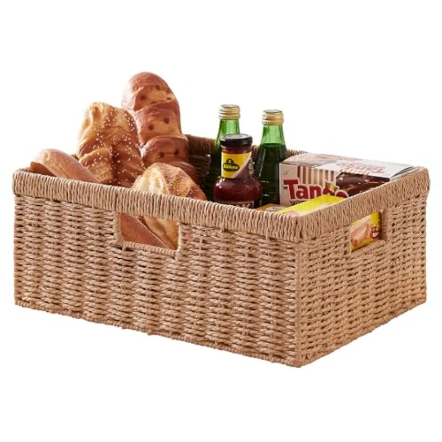 

Wicker Storage Basket, Rectangular Paper Rope Shelf Baskets with Built-in Handles, Woven Decorative Organizer for Pantry, Shelv