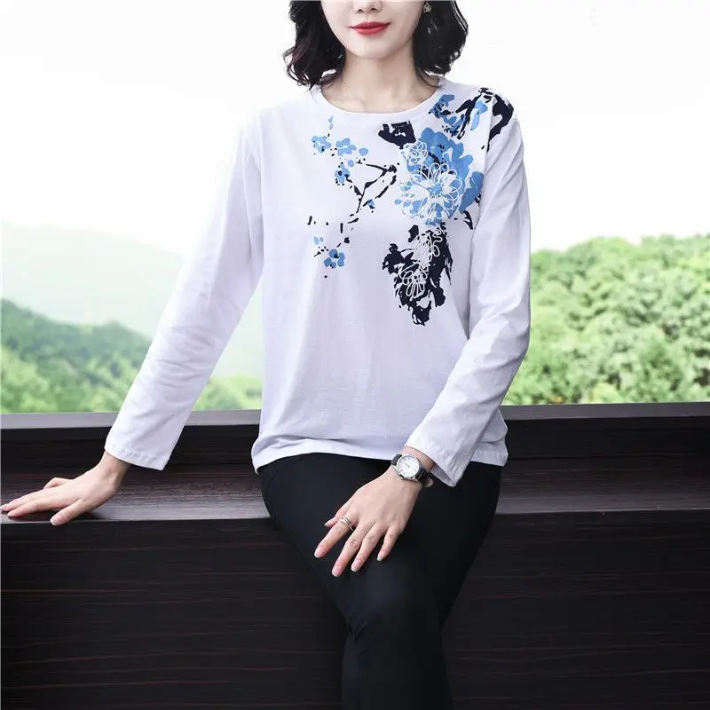 Spring Autumn New Fashion Pure Cotton T-Shirts Women\'s Clothing Printing Round Neck Long Sleeve Tees Loose Simplicity Thin Tops