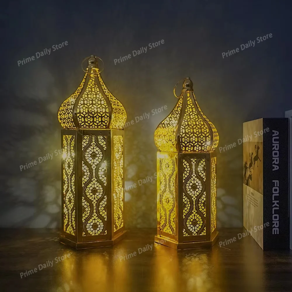 Middle Eastern Castle Lamp Ornament, Retro Wrought‑Iron Wishing Lantern Craft, Electronic Candle Holder