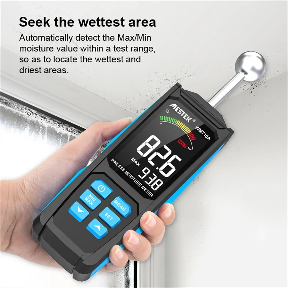 WM710A Digital Wood Moisture Meter Non-destructive Spherical Hygrometer Record Humidity Auto Detect Wettest Timber Damp Detector