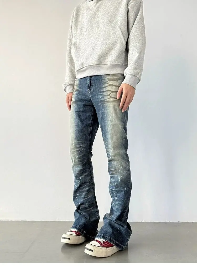 Men's Ink Splashing Design Skinny Jeans Street Vibe Sweatpants High Waist Y2k Trousers Male Straight Pencil Retro Blue Pants