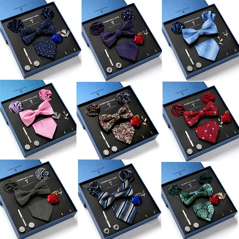 High quality men's Tie 8-piece classic printed bow tie pocket square cufflink Tie clip Brooch Business wedding tie gift box