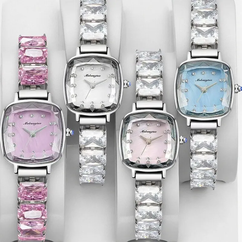 ساعة يد نسائية بسوار مكعب سكر صغير كريستالي شفاف بقرص صغير باللون الأرجواني ساعة نسائية فاخرة ذات جودة عالية