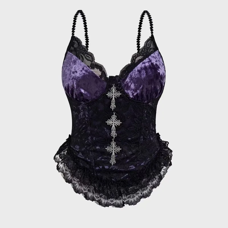 2026 New Vintage Gothic Lace Corset Sexy Purple Velvet Tops Women Sleeveless Ruffle Camisole Clubwear Aesthetic Y2K Grunge Camis