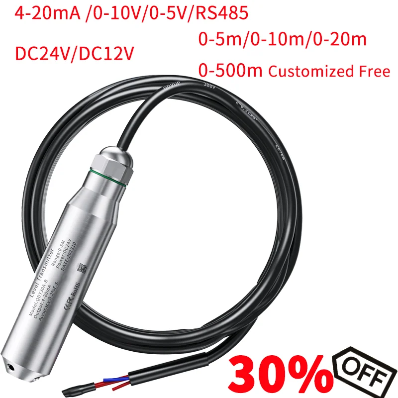 Transmetteur de niveau d'eau, sonde de niveau, transmetteur de capteur de niveau de liquide, 4-20mA, 0-10V, 0-5V, RS485 SubSN, 0-5m, 304SS