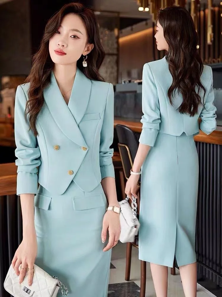 Blue Suit Two Piece Set Female Temperament Celebrity Small Fragrance Professional Suit Half Body Skirt High-end Short Jacket