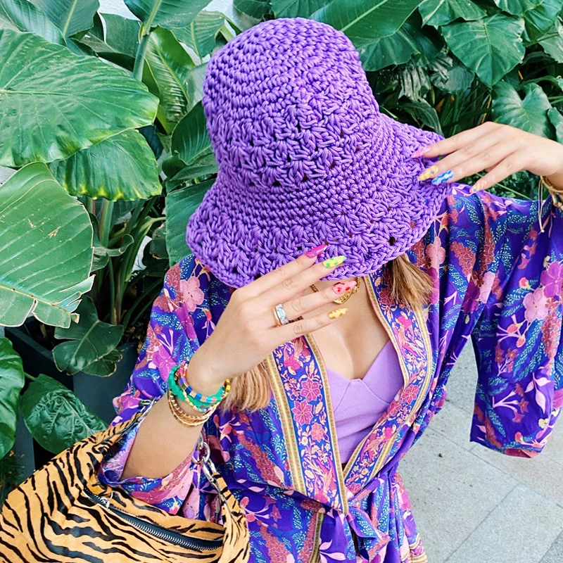 

New Summer Ice Silk Crochet Bucket Hat Women Y2K Hand-woven Beach Hat Ladies Fashion Party Sun Cap Breathable Sunscreen Visors