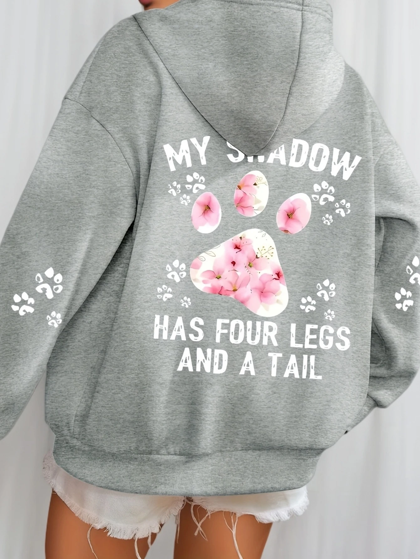 Pet Lover Floral Paw Print Hoodie For Women Long Sleeve Letter Graphic Back & Sleeve Print Casual Hooded Pullover Sweatshirt