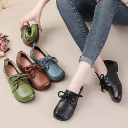 Vintage Plain Oxfords Shoes Women's Genuine Leather Flats Ladies Laced Up Moccasins Elderly Woman Square Toe Driving Loaferss